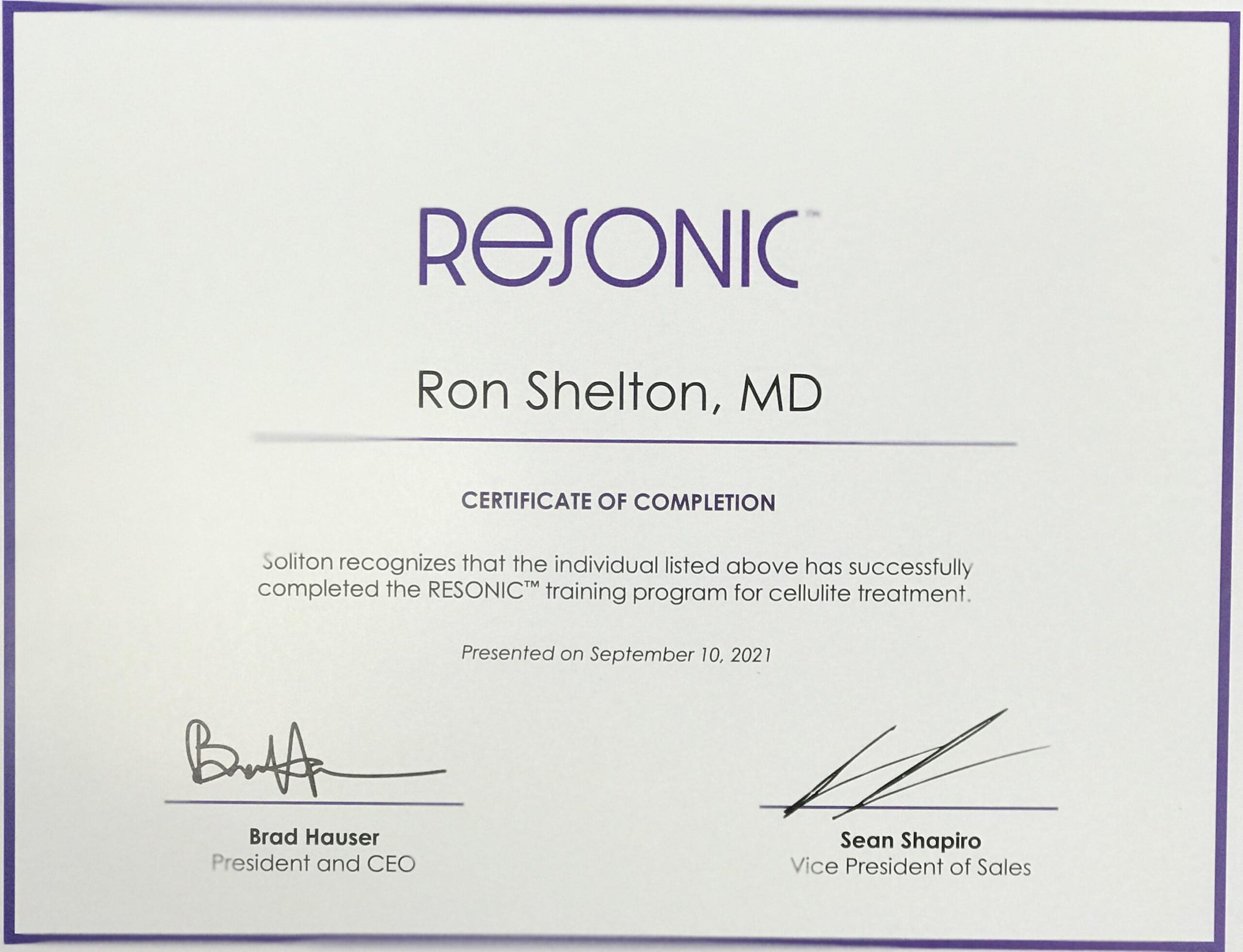 Resonic certification for Dr Ron Shelton
